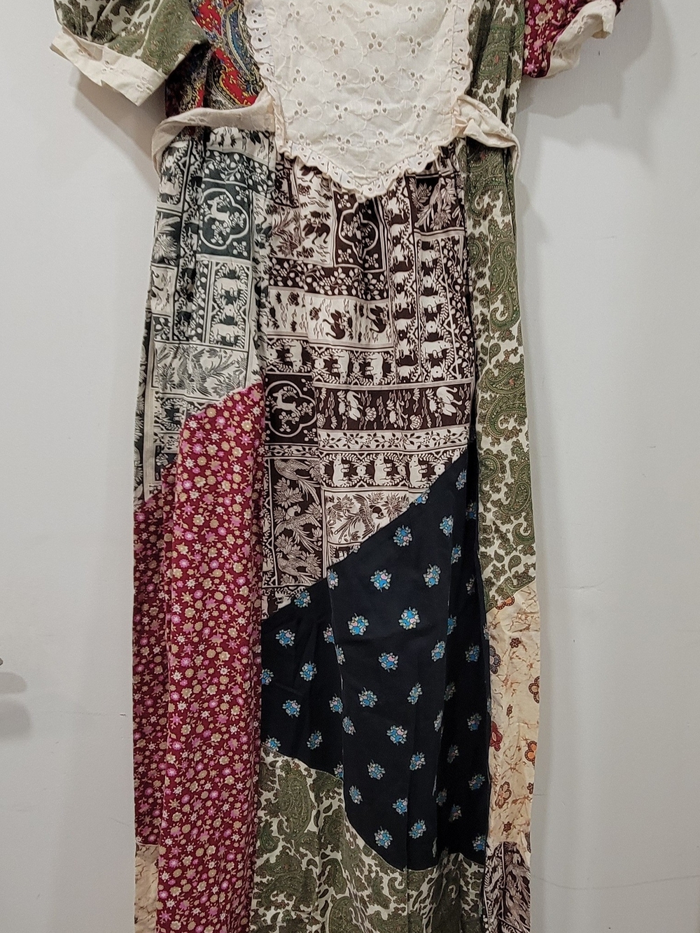 VTG 70s DESIGNER Patchwork Prairie Maxi Dress Eyelet Lace Style M